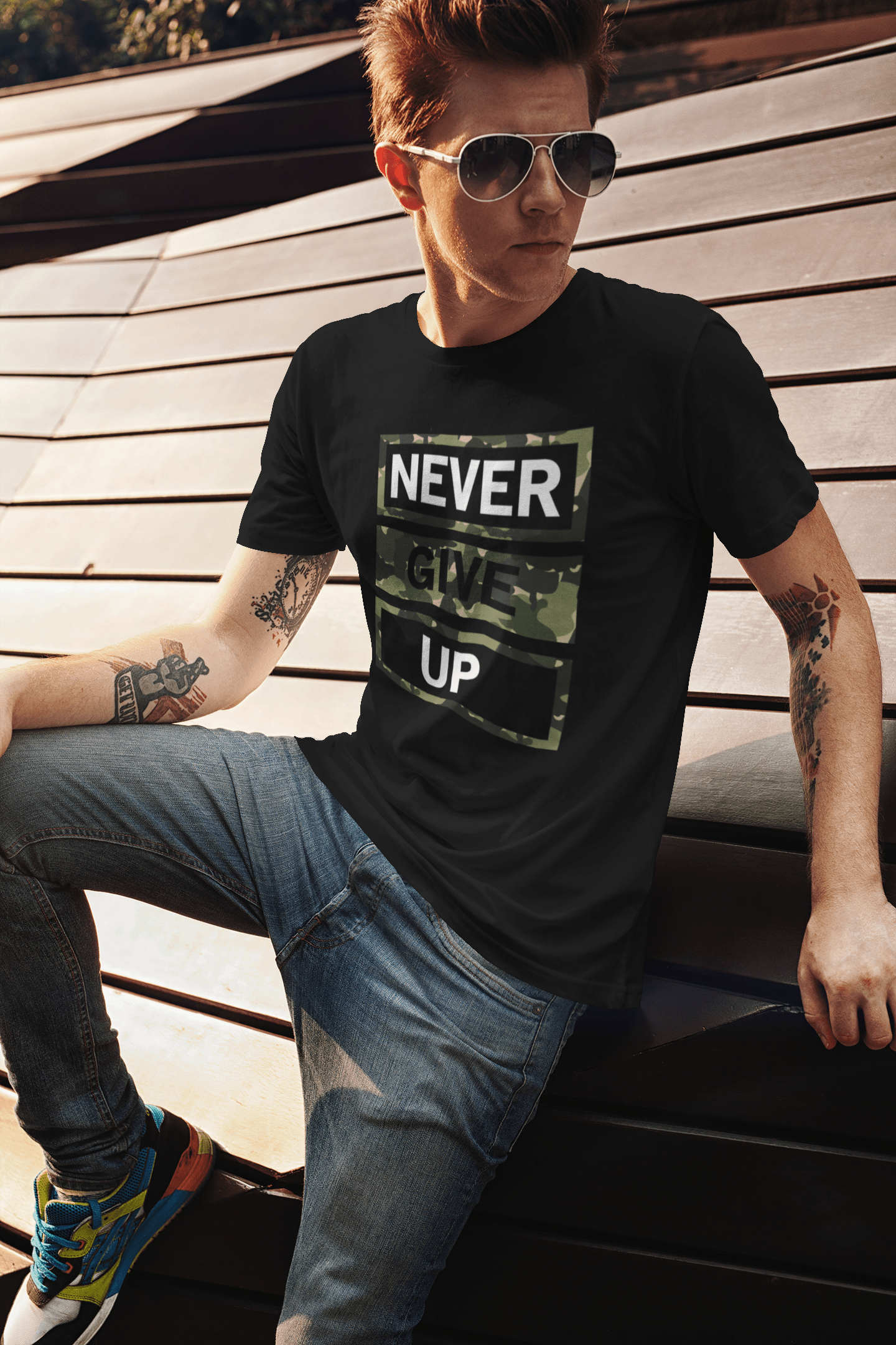 Never Give Up Combed Cotton Graphic T-shirt